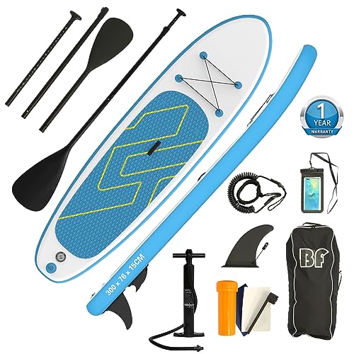 Bifanuo 10.5'x30''x6'' Inflatable Stand Up Paddle Board with SUP Accessories & Backpack. Non-Slip Deck,Wide Stance,Bottom Fin,Double Action Pump and Repair Kit.Youth & Adult Standing Boat(Grey Blue)