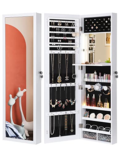 Nicetree Touch Screen LED Jewelry Armoire Organizer, 47.2' Tall Door/Wall Mounted Mirror with Jewelry Storage, Foldable Makeup Shelf, 2 Drawers, White