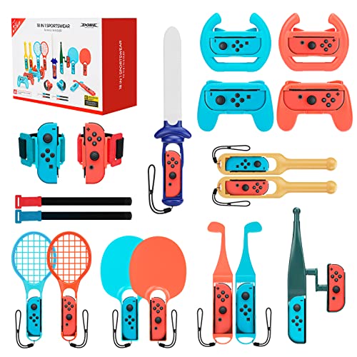 2023 Switch Sports Accessories Bundle 18 in 1 for Nintendo Switch Sports Games Golf Clubs Tennis Racket Wrist Band Leg Strap Fish Rod Sword Compatible with Switch/Switch OLED