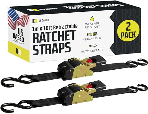 DC Cargo - Retractable Ratchet Straps, 2 Pack (1 inch x 10 feet) - Heavy Duty Tie Down Auto Retractable Ratchet Straps - Easy Self Contained Black Ratchet Strap Tie Downs for Trailers, Vehicles, Boat