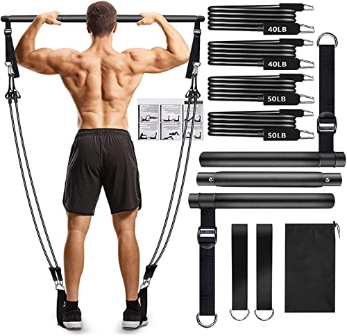 Pilates Bar Kit with Resistance Bands(4 x Resistance Bands),3-Section Pilates Bar with Stackable Bands Workout Equipment for Legs,Hip,Waist and Arm,Exercise Fitness Equipment for Women & Men