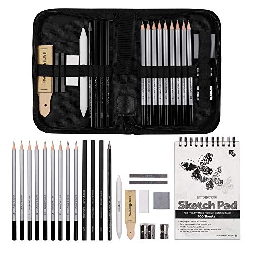 Brite Crown 22-Piece Pencil Drawing Set with Case and Sketch Book - Sketching Art Pencils Kit includes Graphite and Charcoal Pencils & Shading Tools