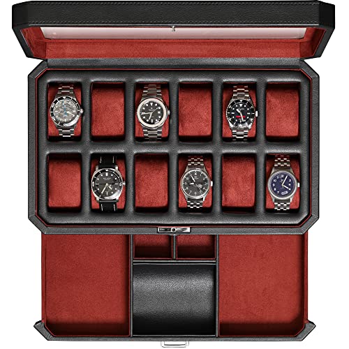 ROTHWELL 12 Slot Leather Watch Box with Valet Drawer - 12 Slot Luxury Watch Case Display Organizer, Microsuede Liner, Mens Accessories Holder, Jewelry Case, Jewelry Display Organizer (Black/Red)