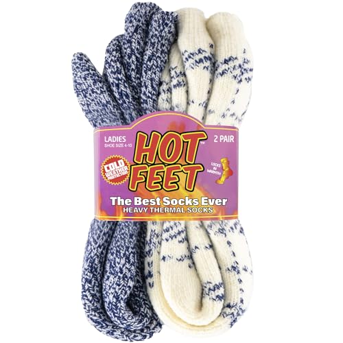 HOT FEET 2 Pack Warm Cozy Thermal Socks for Women - Thick Insulated Crew for Cold Winter Weather. Denim/Buffalo Plaid