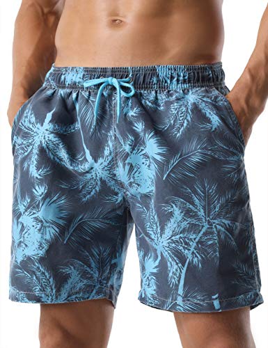 Nonwe Men's Swim Shorts Leaf Printed Relaxed Fit Soft Washed Board Shorts Blue 34