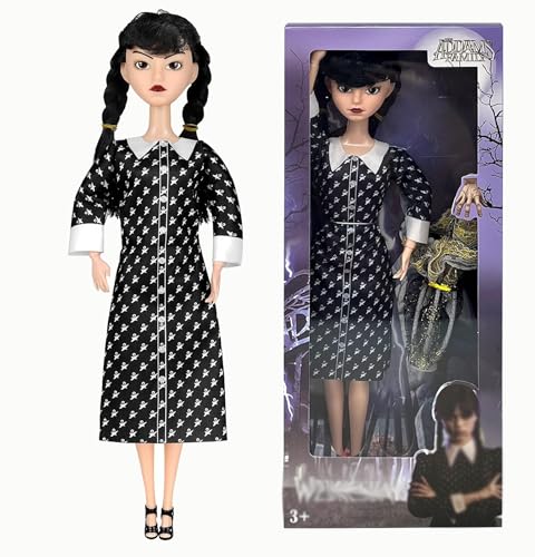 11.5'' Addams Doll with Gift Box, Black Dress, High Heels, and Hair, Perfect Halloween Toy Gift for Girls & Fans (A)