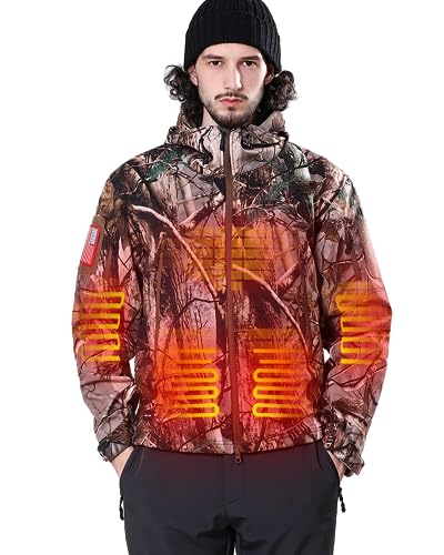 DEWBU Heated Jacket for Men with 12V Battery Pack Winter Outdoor Soft Shell Electric Heating Coat, Men's Tree, L