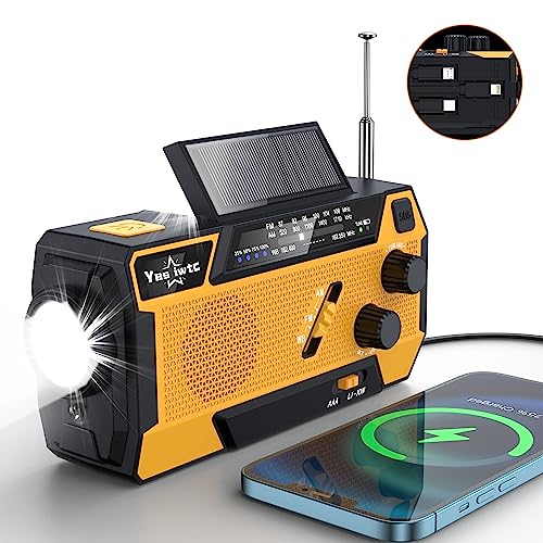 Yestiwc 2000mAh NOAA Emergency Crank Radio with 3 Built-in Cables, Emergency Weather radio with Phone Charger, Solar Charge, Hand Crank & Battery Operated, SOS Alarm&Flashlight for Hurricane Emergency