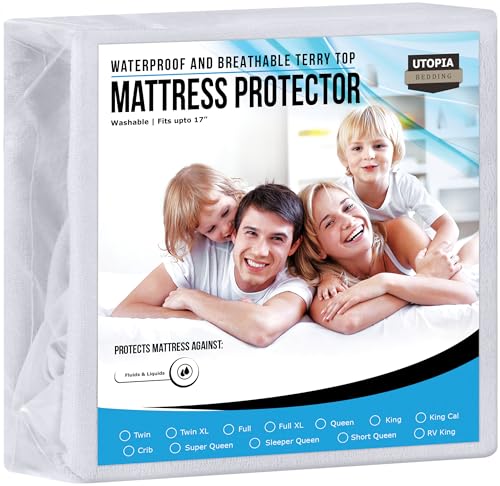 Utopia Bedding Waterproof Mattress Protector Queen Size, Premium Terry Mattress Cover 200 GSM, Breathable, Fitted Style with Stretchable Pockets (White)