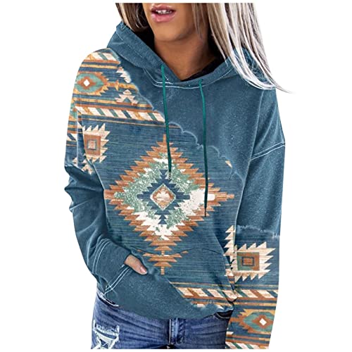 SMIDOW amazon shopping online website Womens Western Aztec Ethnic Graphic Hooded Sweatshirts Y2K Hoodies Pullover Tops Fleece 2023 Fall Clothes women workout Blue M