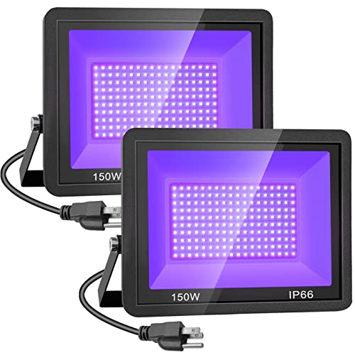 2 Pack 150W LED Black Light, Blacklight Flood Light with Plug, IP66 Waterproof Flood Light Neon Glow for Glow Party, Halloween, Fluorescent Poster, Body Paint, Aquarium, Glow in The Dark