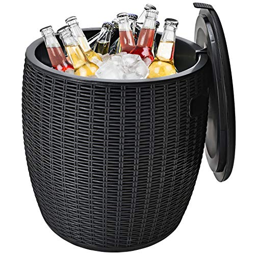 Giantex 9.5 Gallon Ice Cooler, Wicker Round Ice Chest, Outdoor Beer Wine Ice Bucket, Top Lid Side Handles Drainage Plug, Weather-resistant Patio Cool Bar Table for Cocktail Party Poolside Deck (Black)