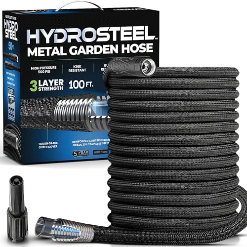 HYDROSTEEL Metal Garden Hose 100 Ft with Nozzle, Water Hose 100Ft, Heavy Duty 3x Layer Stainless Steel Flexible 100 Ft Garden Hose, Lightweight, Easy to Coil, Kink Resistant, 500 PSI AS SEEN ON TV