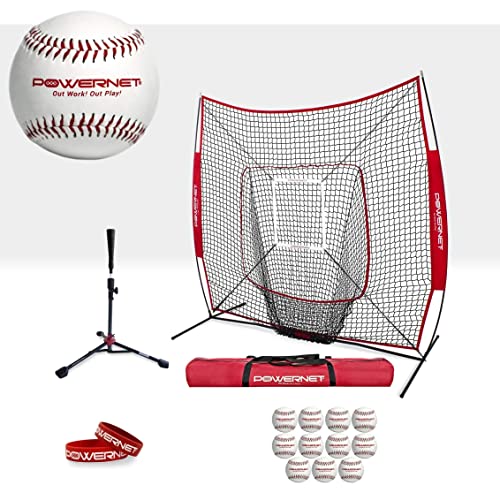 PowerNet Pro Pitching Batting Enhancer Bundle for Baseball Softball |Includes 7x7 Net, Deluxe Tee, Strike Zone Attachment and 12 Pack Recreation Grade Regulation Size Balls
