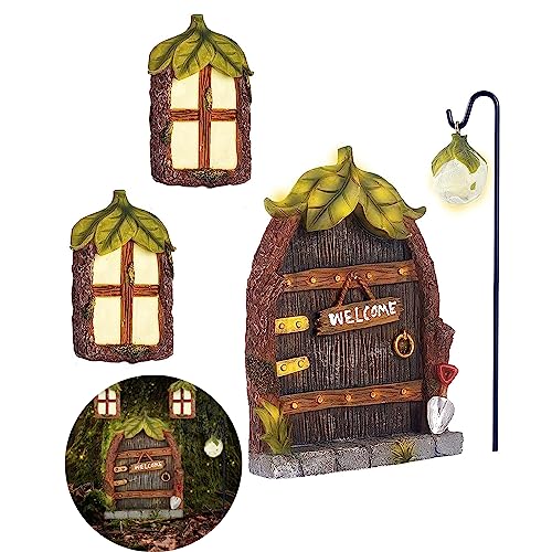 Jauay Miniature Fairy Garden Accessories Fairy Door and Windows for Trees, Glow in The Dark Yard Garden Sculpture Lawn Ornament Mini Garden Art Outdoor Decor Accessories with Lantern