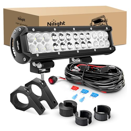 Nilight 12 Inch 72W LED Light Bars Spot Flood Combo Off-Road Light Mounting Bracket Horizontal Bar Tube Clamp With Off Road Wiring Harness, 2 Years Warranty