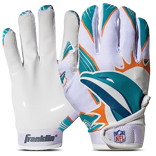 Franklin Sports Miami Dolphins Youth NFL Football Receiver Gloves - Receiver Gloves For Kids - NFL Team Logos and Silicone Palm - Youth M/L Pair