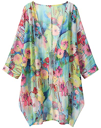 olrain Women's Floral Print Sheer Chiffon 3/4 Bat Sleeve Casual Loose Kimono Cardigan Capes (XX-Large, Color Floral)