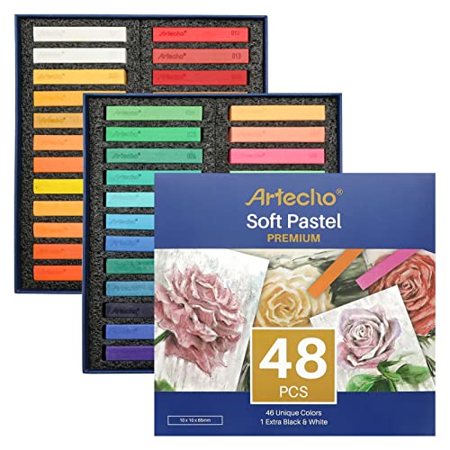 Artecho 48pcs Soft Pastels, 46 Colors Including 4 Fluorescent Colors, Extra Free Black & White, Square Chalk for Drawing, Blending, Layering, Shading, Pastels Art Supplies