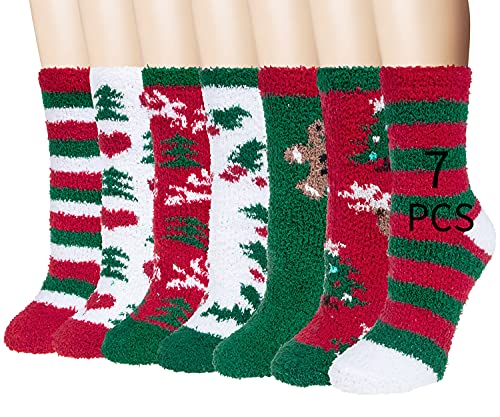 Womens Winter Fuzzy Socks Cozy Fluffy Socks Warm Fuzzy Christmas Socks for Women Gifts, X-Christmas 01(7 Pairs)