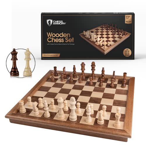 Chess Armory Wooden Chess Set - 17 inch Large Chess Board Sets for Adults and Kids with Extra Queen Pieces & Storage Box