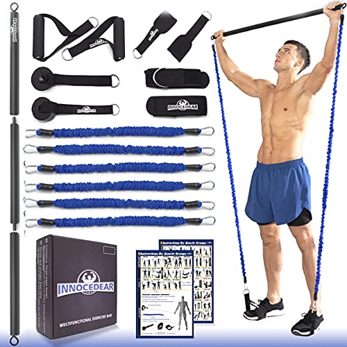 INNOCEDAR Home Gym Bar Kit with Resistance Bands,Full Body Workout,60-180LBS Adjustable Pilates Bar,Safe Exercise Weight Set,Home Exercise Equipment for Men&Women- Build Muscle&Training Fitness