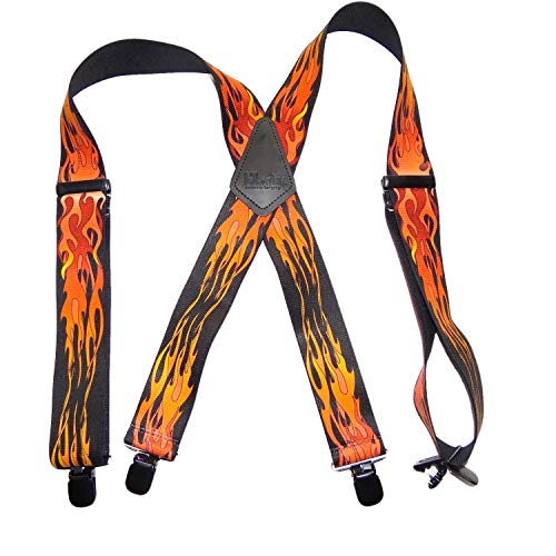 Holdup Suspender Company 2' wide Biker Suspenders for Men with Patented Jumbo black no-slip Clips (Biker Flames Metal)