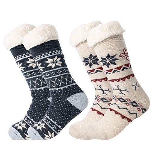 DG Hill Treehouse Knit (2 Pack) Womens Thick Knit Sherpa Fleece Lined Thermal Fuzzy Slipper Socks with Grippers