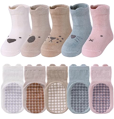 TRUEHAN 5 Pairs Toddler Non Slip Socks with Grips Baby Socks for Kids Girls Boys （5 Pairs Animal A，1-3 years）