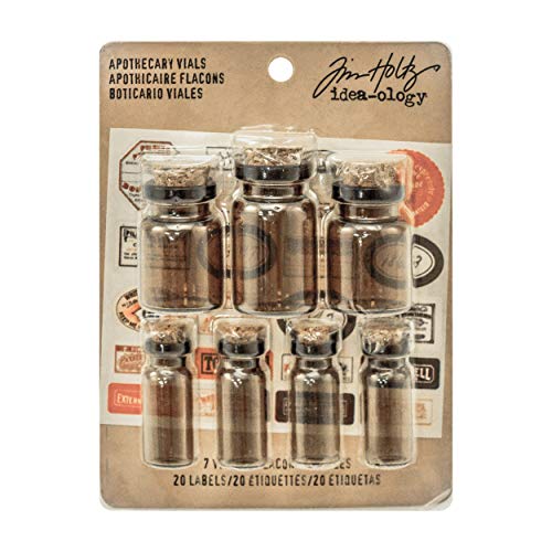 Tim Holtz Idea-ology Glass Apothecary Vials with Corks 7/Vial Pack, Includes 20 Vintage Labels and 7 Corks, Tinted Glass (TH93302) , Brown