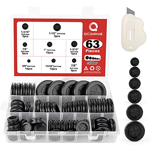 QCQIANG 63Pcs Rubber Grommet Kit, Drill Hole Firewall Hole Plugs Wire Protection, 6 Sizes 5/8' 13/16' 7/8' 1' 1-3/16' 1-1/2'(Round)