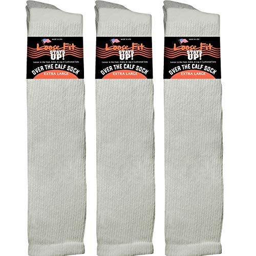 Loose Fit Stays Up Men's and Women's Over the Calf Boot Socks (Knee High) 3 PK Made in USA! Cushioned Sole (White, Medium)