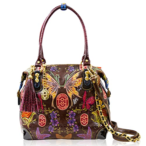 Marino Orlandi Large Designer Boxy Handpainted Butterflies Chocolate Leather Purse Italian Designer Handbag
