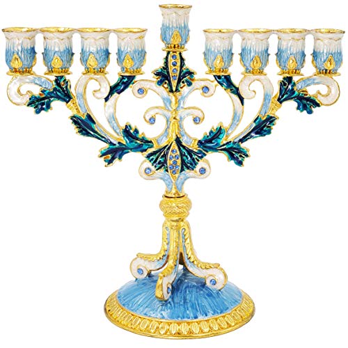 The Dreidel Company Enameled Metal Menorah with Jeweled Accents (Hand-Painted Enamel Menorah Blue/White/Gold/Green)