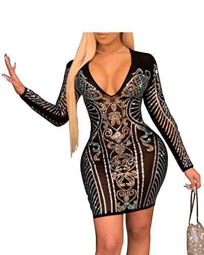 PORRCEY Women's Sexy Hot Drilling Craft Dress Long Sleeve Bodycon Party Club Night Out Dress(3371,Black,M)