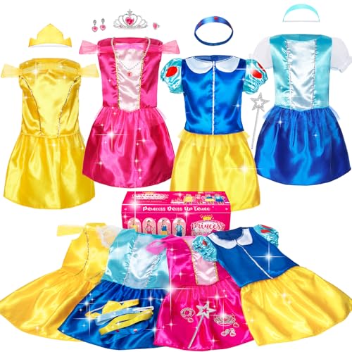 SOLIEHOO Girls Princess Dress Up Trunk, Pretend Play Costumes Princess Role Play Set 15pcs Girls Dress up Clothes with 4 Tops,4 Princess Dresses Crown Necklaces for Toddler Age 3-6 Years