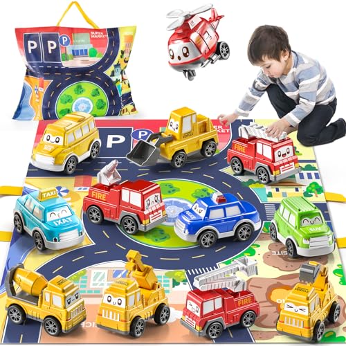 TEMI Toddler Pull Back Car Toys for 1 2 3 Year Old Boy Girl, 12 Pieces Baby Toy Cars with Play Mat/Storage Bag, Baby Toys 12-18 Months, Birthday Gifts for Toddler Toys Age 1-2