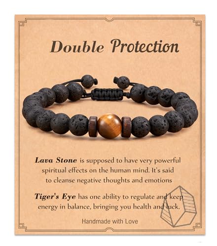 Seyaa Bracelets for Men, Natural Tiger Eye Lava Rock Stone Protection Bracelets, Healing Mens Beaded Bracelet Gifts for Men Dad Boyfriend Husband Son Brother Grandpa Father