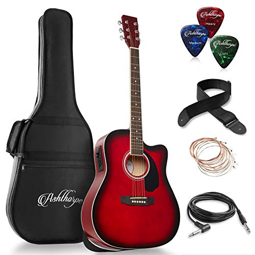 Ashthorpe Full-Size Dreadnought Cutaway Acoustic-Electric Guitar Bundle - Premium Tonewoods - Red