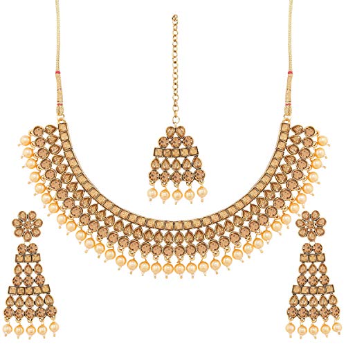 I Jewels Traditional Gold Plated Handcrafted Stone Studded & Pearl Necklace Set with Earrings & Maang Tikka for Women (M4111FL)