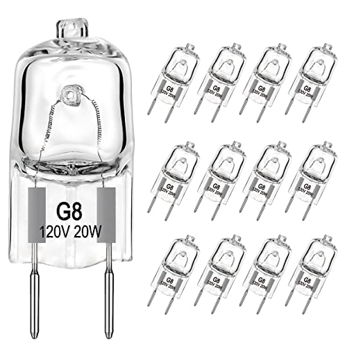 G8 Halogen Light Bulbs 20Watt 120Volt Halogen Light Bulb G8 Base Bi-Pin Shorter 1-3/8' (1.38') Length 20W T4 JCD Warm White Under Cabinet Puck Lighting Replacements,12Pack