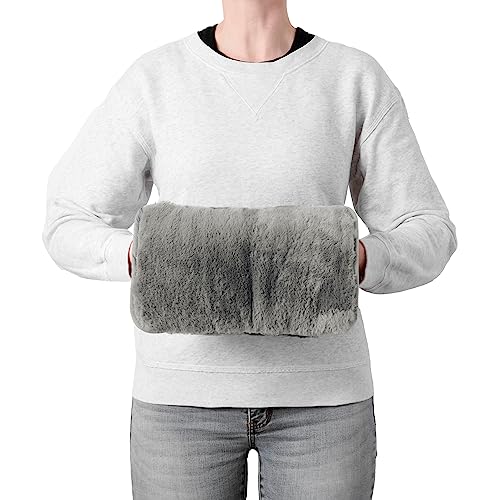 Brookstone Super Soft Faux Fur Snuggly Hand Warmer Muff for Cold Weather Cozy Sherpa Lining Interior Pocket Reusable Microwave Safe Gel Pack for Extra Warmth, 12' L x 7.5' W, Charcoal