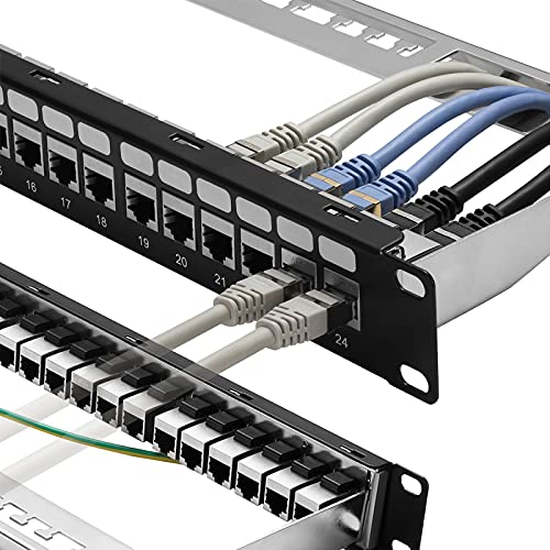 Rapink Patch Panel 24 Port Cat6A with Inline Keystone 10G Support, Coupler Patch Panel STP Shielded 19-Inch with Removable Back Bar, 1U Network Patch Panel for Cat7, Cat6, Cat6A, Cat5e