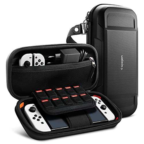 Spigen Rugged Armor Pro Designed for Nintendo Switch OLED Model 2021/Switch 2017 Joy Con Controller Accessories and AirTag Holder Protective Portable Hard Shell Travel Storage Game Carrying Case - Black