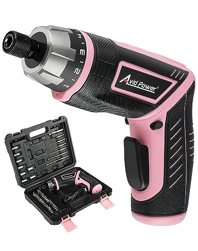 AVID POWER Electric Cordless Screwdriver Set Rechargeable 4V Power Screwdriver Kit with 44pcs Accessories, 5.65Nm Screw Gun, 5+1 Torque Setting, 2 Position Handle with LED Light - Pink Tools for Women