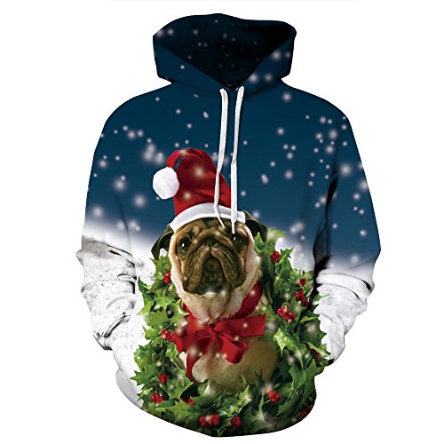 Couple 3D Santa Print Ugly Christmas Kangaroo Pocket Sweatshirt Hoodies Pullover Xmas Pug 2X/3X