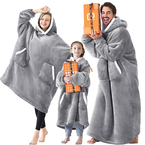EHEYCIGA Wearable Blanket Hoodie with Pockets and Sleeves, Flannel Fleece Hooded Blanket for Women Men Adults and Kids, Grey, Extended Oversize
