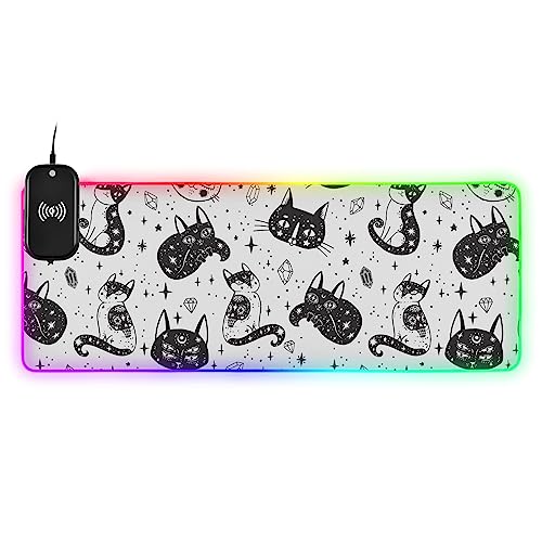 Witch's Cat White Halloween Wireless Charging Mouse Pad for Mobile Phone Extra Large Gaming Mousepad with 13 Lighting Modes Extended Desk Mat for Gaming MacBook PC Laptop Desk Home Office