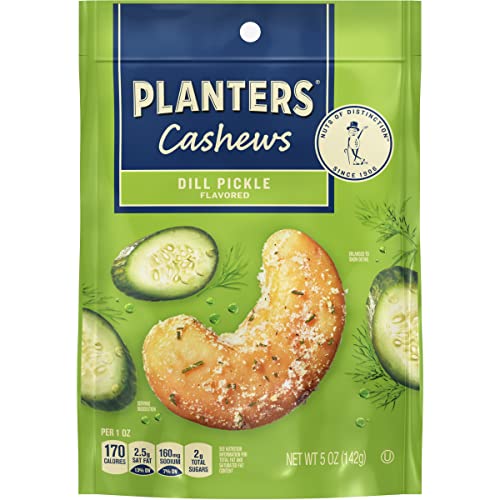 PLANTERS Dill Pickle Cashews, Whole Cashews, Individual Packs, Party Snacks, Plant-Based Protein, Quick Snack for Adults, After School Snack, Flavored Cashew, Roasted with Sea Salt, Kosher, 5oz Bag