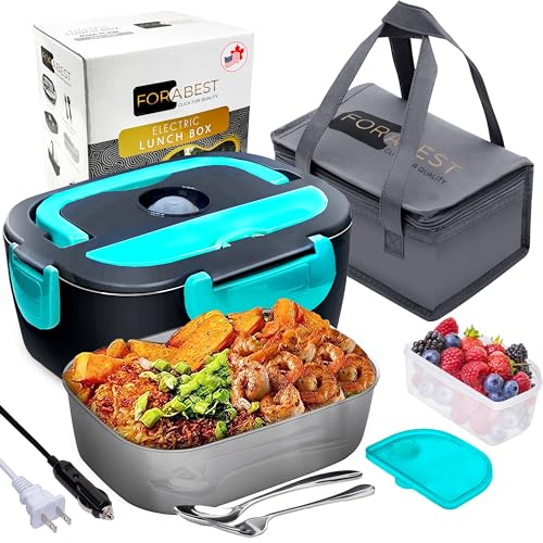 FORABEST Electric Lunch Box for Adults, Fast 80W Heated Lunch Box for Adult 12/24/110V Portable Food Warmer Lunch Box for Car,Truck,Office,Home 1.5L Durable Leakproof Loncheras Para Hombres De Trabajo